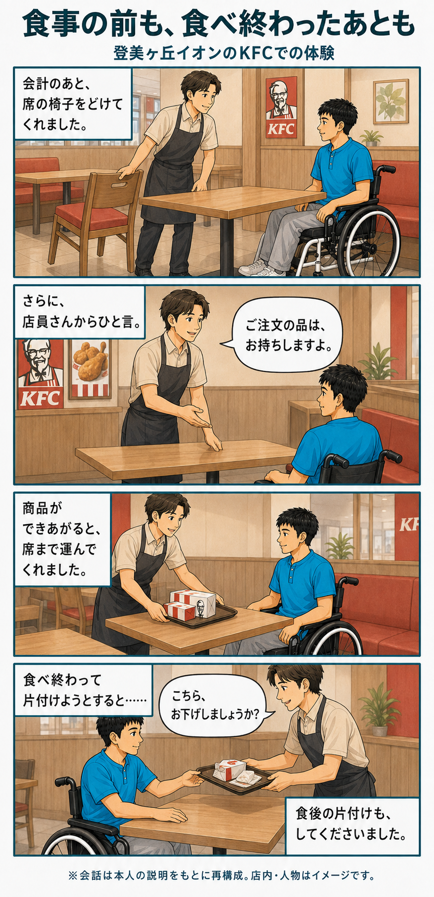 KFCで会計後に店員が席の椅子をどけ、商品を席まで運ぶと声をかける。できあがった商品をテーブルへ届け、食後も片付けを申し出てトレーを下げてくれた体験の4コマ漫画。